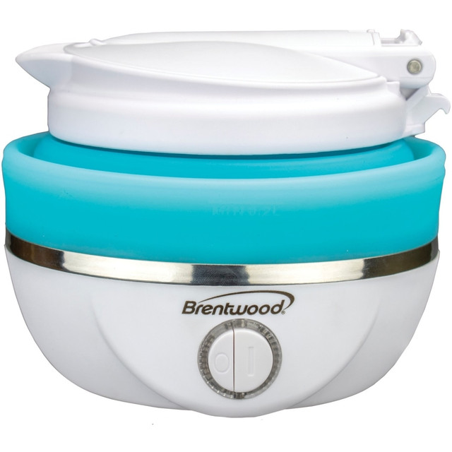 Boil water wherever you go with the Brentwood KT-1508BL Dual-Voltage 0.8 L Stainless-Steel Collapsible Travel Kettle. The kettle uses a stainless-steel hotplate with a concealed heating element to heat up to 0.8 L of water, and the collapsible body makes it easy to store.  Holds up to 0.8 L.  BPA-free, stainless-steel hotplate features a concealed heating element.  Wide-mouth lid allows easy pouring.  Movable arm to help disperse hot water.  Collapsible body helps you bring it on your travels.  On/off switch for simple operation.  Dual-voltage design (120V to 220V).  cETL approved.  Comes with instructions.  Backed by the manufacturers 1-year limited warranty.