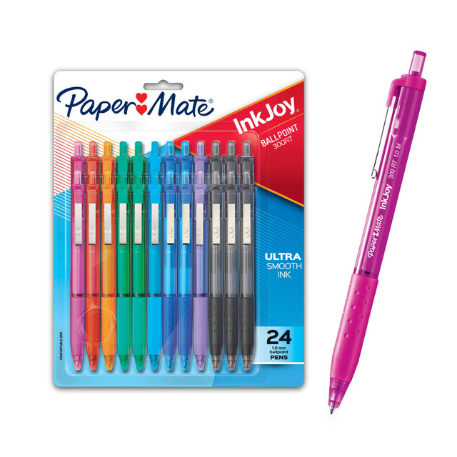 Transform your writing experience with the InkJoy 300 RT pens. Low-viscosity inks and optimized tips blend to create smooth, precise lines that will stand out whether you are signing greeting cards or jotting down notes for your next research paper. And with translucent, color-tinted bodies, these Paper Mate pens look sharp even from afar.  Unique InkJoy ink for effortless writing.  An extended rubberized grip for optimal comfort.  Translucent color-tinted body is modern and stylish.  Retractable tip for mess-free writing and storage.  Includes a pack of 24 assorted ink colors pens with clear barrels.  These Paper Mate pens have medium, 1.0 mm points.