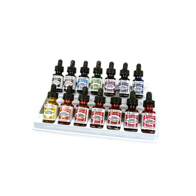 Dropper stopper bottles allow easy application  Designed for work thats intended to be reproduced, such as cartooning, illustration and graphic arts.  Use with a brush, pen or airbrush on paper, illustration boards or silk with additives.  0.5-ounce (15 mL) convenient dropper stopper bottles for easy use.  Set of 13 includes alpine rose, black, cherry red, grass green, juniper green, lemon yellow, moss rose, orange persimmon, saddle brown, scarlet, true blue, turquoise blue and violet.  Conforms to ASTM d-4236.