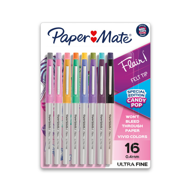 Boost your writing fun-factor with Paper Mate Flair Felt Tip Pens! With a rainbow of bright colors and smear-resistant ink that won't bleed through the page, these colored pens make writing a blast. The ultra fine point (0.4mm) writes with pinpoint precision to keep your writing ultra sharp and ultra you.  Point Guard prevents the tip from fraying  Ultra fine felt tip (0.4mm) produces clean and precise lines to keep your writing on point  Quick-drying, water-based ink  Specially designed ink will not bleed through paper  The metal reinforced point prevents tip damage, so the party never stops  Includes 16 Flair pens in assorted colors