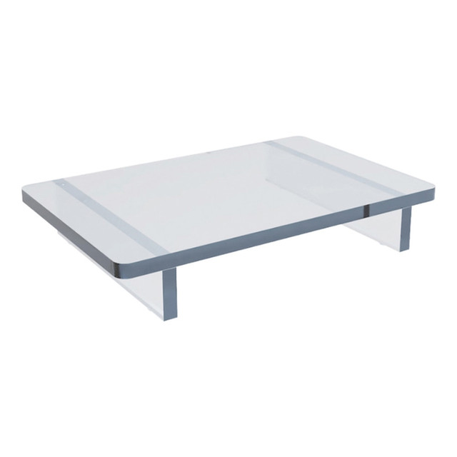 Bring your monitor up to a comfortable eye level thanks to the Azar Displays monitor riser display. Raise the monitor a couple inches to reduce eye strain and neck pains caused by constantly looking down. Additionally, you will gain more space at your desk by storing paperwork and other items beneath the sturdy shelf.  Acrylic construction.  Compatible with most monitors up to 36in.  Weight capacity tested to support 85 lb.  Save time - no assembly required.