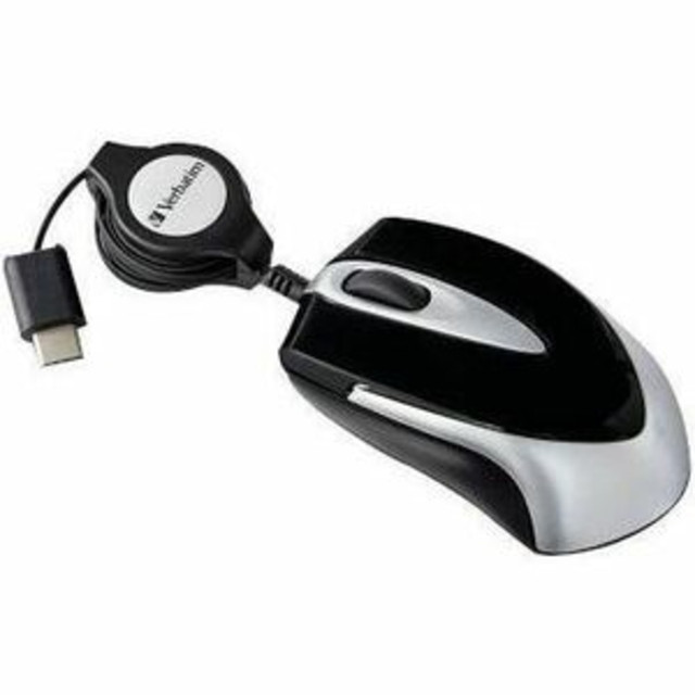 The Verbatim optical mouse has a USB-C connector and retractable cable for reliable connection to your computer. This mini travel mouse has a compact design for portability.  Small, ultra-portable design.  1-Year Limited warranty.  USB-C connector.  Retractable USB cable