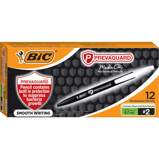 BIC Prevaguard Media Clic #2 Mechanical Pencils contain an antimicrobial agent incorporated into the plastic that protects the pen itself by suppressing the growth of bacteria, algae, fungus, and mildew. These products protect the pens themselves and do not protect users or others from disease-causing bacteria, viruses, or germs. The antimicrobial agent should last the lifetime of the pen's plastic unless the plastic is destroyed.  Smooth-writing lead erases easily and won't smudge.  #2 graphite lead is ideal for most school purposes and standardized tests.  Lead advances quickly with a single click.  Antimicrobial agent is incorporated into the plastic barrel to stop the growth of bacteria, fungus and mildew.  These products protect the pens themselves and do not protect users or others from disease causing bacteria, viruses or germs  Antimicrobial is an agent that kills microorganisms or stops their growth.  Refillable - designed to be used repeatedly, helping you avoid single-use disposables and potentially save money.