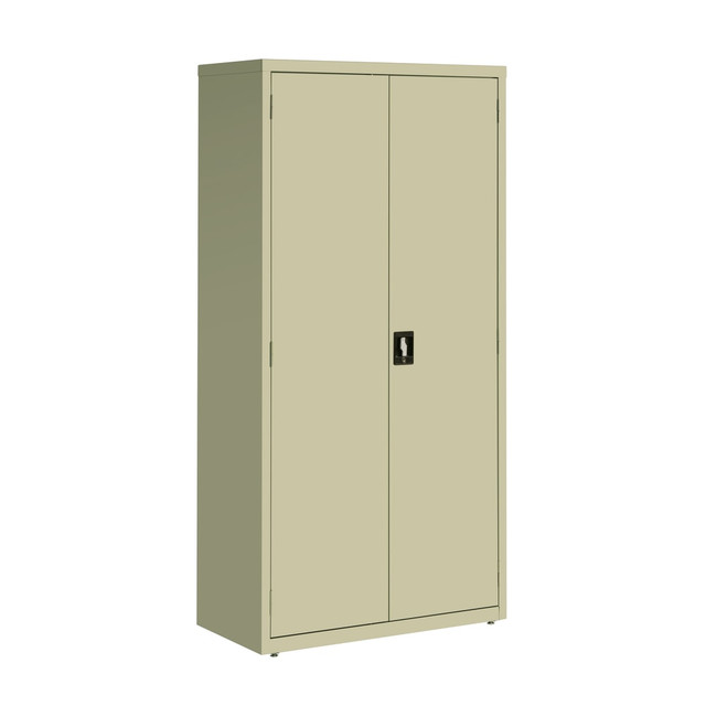 The Lorell Fortress Series steel storage cabinet provides private storage space for your office. The 3-point handle can be locked to help prevent unwanted access.  Made from welded steel with a powder-coat finish for long-lasting use, the Lorell 5-shelf cabinet comes in a putty color for style.  Features a 3-point, recessed, locking handle with keys to help secure your belongings.  Shelves adjust in 2in increments to suit your storage needs.  180-lb weight capacity per shelf. Weight is evenly distributed across each shelf.  Features 3 sets of hinges per door for added strength and easy opening.  No assembly required.  This product is heavy and/or oversized and may need more than one person to handle.  Contains Recycled Content - See Specs for Details.
