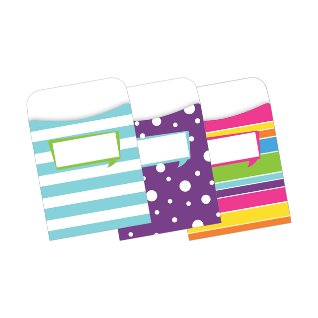 Make organization a part of your daily schedule with these adhesive library pockets. Designed to hold standard 3in x 5in index cards, these Barker Creek peel-and-stick library pockets add style to your classroom.  This fun pattern brings a touch of style to your classroom essentials.  2 peel-and-stick strips on each pocket adhere to file folders, binders, charts, signs and more.  Pockets hold 3in x 5in index cards, flash cards, hall passes, file folder game pieces, spelling word lists, library cards and reading logs to organize the classroom.  3 1/2in x 5 1/8in library pockets hold index cards.  Happy pack of 30 library pockets adds a stylish touch.