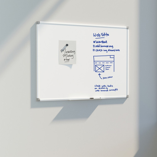 Make plans with your team on this U Brands Magnetic Dry-Erase Board. The porcelain steel board erases easily and is resistant to ghosting, so your messages shine, while the magnetic surface makes it easy to hang up important documents.  Porcelain steel magnetic dry erase surface resists ghosting and erases easily.  Porcelain steel provides a premium upgrade over a painted steel surface.  Modern white frame looks great in any office.  Includes dry erase marker, magnet, aluminum tray and mounting hardware.  15 Year Warranty  This product is heavy and/or oversized and may need more than one person to handle.