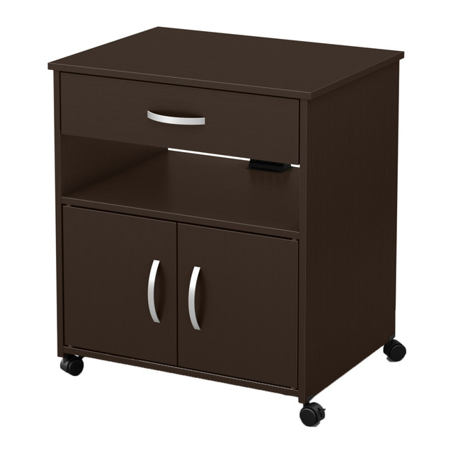 This functional office cart will hold a printer and much more. The casters enable smooth rolling throughout the workplace, and the 3 shelves allow simple organization of reams of paper, writing utensils and other accessories.  3 total shelves, including 1 adjustable shelf, help you keep accessories neatly sorted. Adjustable shelf can be found inside the doors.  Drawer provides simple access to concealed storage. Metal drawer slides allow smooth, easy opening and closing of the drawer.  Adjustable shelf can hold up to 15 lb.  Strong, laminated particleboard holds up over time.  Metal handles feature a stylish satin nickel finish.  Casters allow easy movement around the office. 2 casters feature built-in brakes to keep the unit from rolling once its positioned.  Cable grip helps you organize wiring.  Weight capacity tested to support 100 lb.  Assembly required.