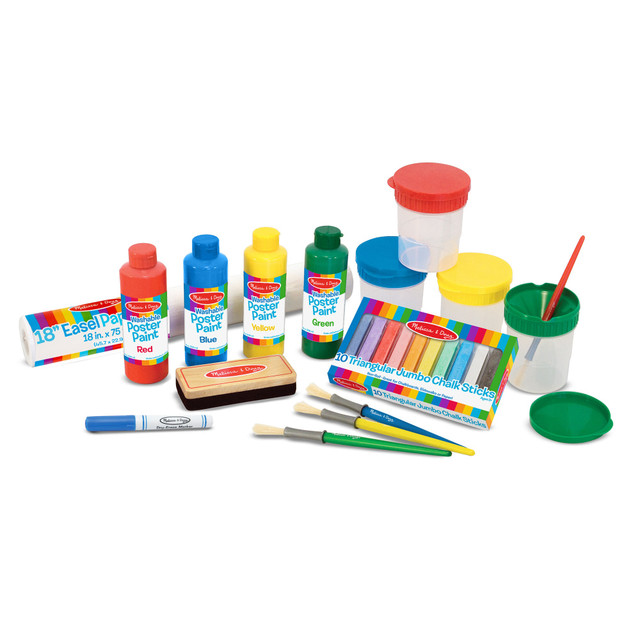 Explore your imagination with the Melissa & Doug Easel Companion Accessory Set. This set has everything a kid needs to express their creativity, including paint, brushes, chalk, dry-erase marker and more.  Promotes creativity and fine motor skills.  Includes 4 bottles of poster paint, 4 paint cups, 4 brushes, paper roll, chalk, eraser and dry-erase marker.