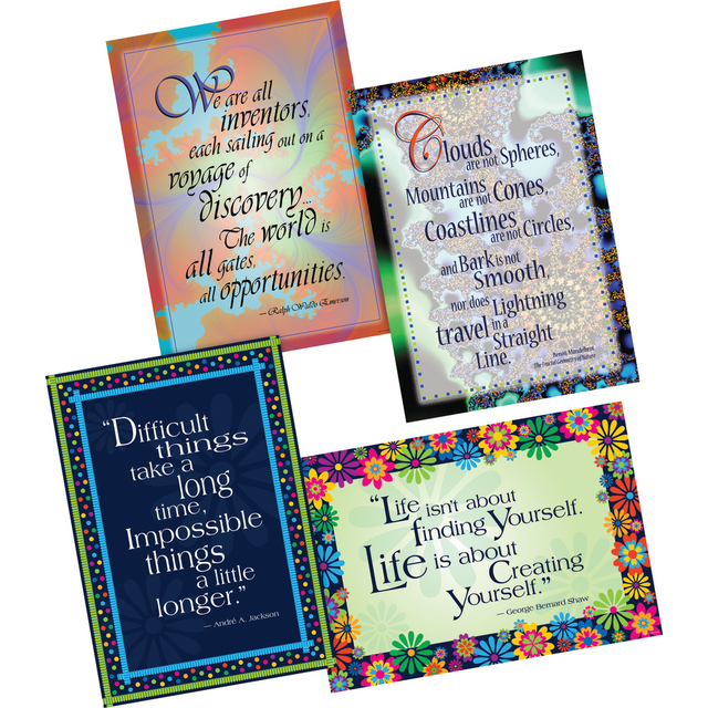 Keep your students motivated to help them achieve more than they thought was possible. This poster pack provides a bright, eye-catching splash of color in your classroom while also helping to inspire your kids to aim for the sky.  4-poster set helps add a bit of color to your classroom or office.  Motivational quotes help remind your students that they can achieve anything.  Sturdy card stock construction can withstand constant handling.  Posters measure 19in x 13 1/4in.
