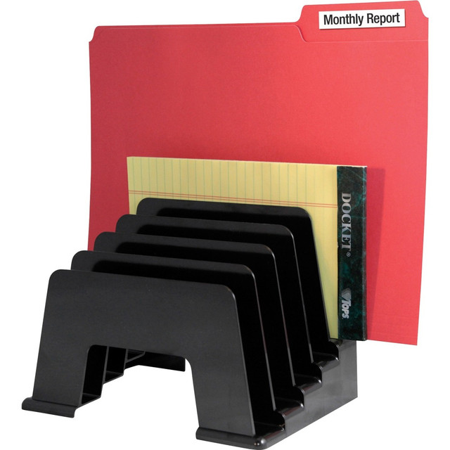 Sorter features five inclined compartments to keep files visible and within reach.  Five slots are perfect for holding forms, invoices, orders, mail and file folders.