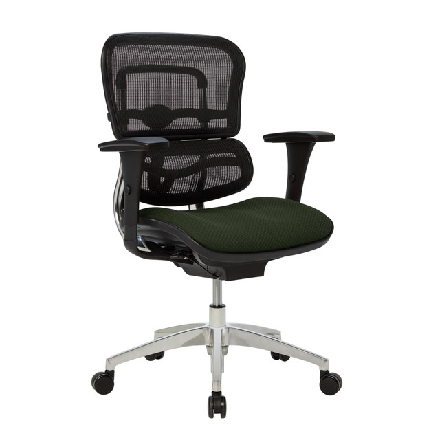 Whether you are working on a long-term project or something quick, the WorkPro 12000 Series Mid-Back Managers Chair delivers the comfort and support needed to get the job done. Lean back in the comfy office chair, which is crafted with a fabric seat for a soft feel and a mesh back, which helps promote airflow to keep you cool. The rugged nylon and aluminum frame offers reliability, while the lumbar feature of the back supports the natural curve of your spine. A waterfall seat cushion helps reduce the stress on your legs and the adjustable height, tilt and padded arms help you find the ideal configuration to suit your needs, so you stay fresh and focused.  Ergonomic design allows for comfort.  Recommended for professional use 8-10 hours per day.  Weight capacity tested to support 275 lb.  Lumbar support.  Waterfall seat cushion.  Nylon and aluminum frame.  Mesh back office chair boasts fabric seat upholstery.  1-touch height adjustment with weight-activated mechanics.  Backrest adjusts in height.  Adjustable tilt angle with tilt lock.  6-position adjustable padded armrests.  Assembly required.  Black mesh back office chair features an olive green seat with black frame and chrome base.  Seat is upholstered with premium fabric - a thicker and heavier woven fabric for added durability.  Backed by the manufacturers limited lifetime warranty.  GREENGUARD certified - certified for low chemical emissions: UL.COM/GG - UL 2818. Ranked in two tiers: Certified and Gold.  ANSI/BIFMA Compliant - This product has been tested and verified for compliance with rigorous performance requirements and safety standards related to specific furniture products.  Less harsh chemicals - made with fewer harsh chemicals, or safer chemicals than typical alternatives, helping  reduce your use of and exposure to substances that may be more harmful to your health and the environment.