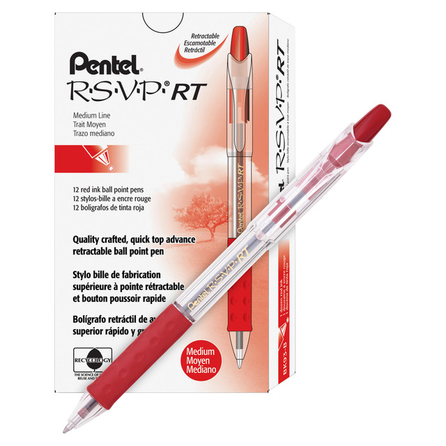 Ergonomic for writing comfort, these R.S.V.P. pens will make a welcome addition to your office supplies. The Pentel pens let you view the remaining ink thanks to their translucent barrels, so you can check the ink level before important note-taking ventures.  Durable, stainless steel tip delivers smooth, long-lasting ink.  Long, transparent barrel lets you see when your ink cartridge needs refilling.  Latex-free, Comfort Zone grip indicates the color of your ink.  Crystal-clear pocket clip secures to your notebook or pocket for easy carrying.  Pen ink flow is greatfor strong detailing.  Refillable - designed to be used repeatedly, helping you avoid single-use disposables and potentially save money.  Contains Recycled Content - See Specs for Details.