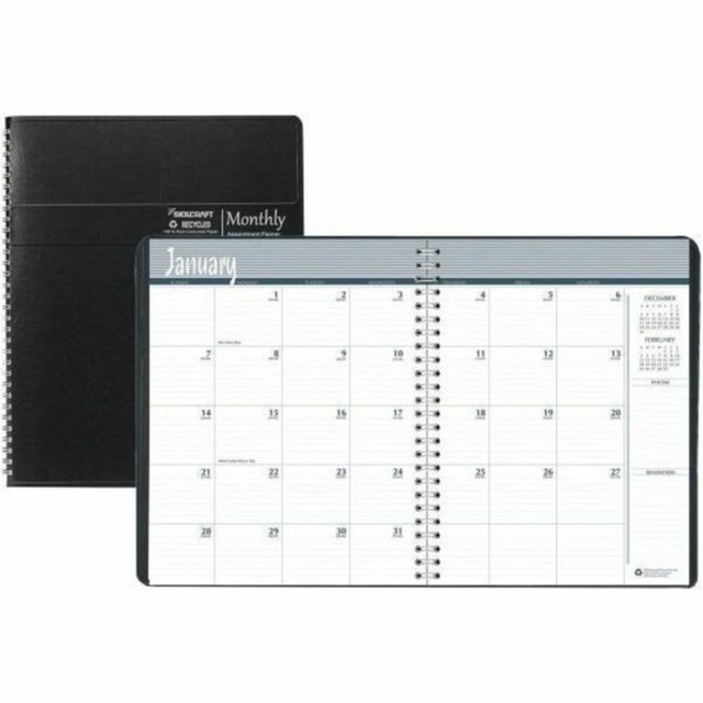 Monthly Appointment Planner offers a clean format to neatly track meetings, reminders and more. Dated planning pages range 14 months from December of this year to January in next two years. Two-page-per-month spreads feature ruled daily blocks (1-1/2in x 1-1/2in), count of days/days remaining, ruled reminder section and past and future months reference. Reference section at back of book includes 30 memo pages and an expense log. Pages are made from 100 percent post-consumer, recycled FSC paper and printed with soy ink. Embossed simulated leather covers contain 50 percent post-consumer recycled material. Wire binding contains 90 percent post-consumer content.