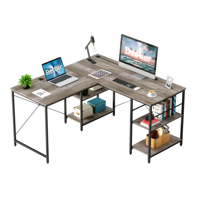 Choose this Bestier desk to create an expansive and eye-catching workstation. The wood desktop and metal frame combine for a durable and dependable design. The unit offers several storage shelves to keep items organized.  Sturdy metal frame.  Large desktop is made of P2 Class wood.  Offers 2 storage shelf sections.  Can be configured as an L-shaped desk with shelves on the right and middle or left and middle or 2 desks side-by-side with shelves on the right and middle.  Assembly required.  Backed by the manufacturers 18-month limited warranty.  This product is heavy and/or oversized and may need more than one person to handle.