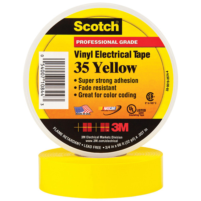 Color-coded tape is excellent for use in identification of electrical phases, circuits, leads and piping systems.  Pressure sensitive, rubber-resin adhesive with a PVC backing.  Flame retardant tape that also resists UV rays, abrasion, moisture, alkalis, solvents and many types of acids.  Insulate and splice wires up to 600V.  Temperature range 32 to 221 degrees F.