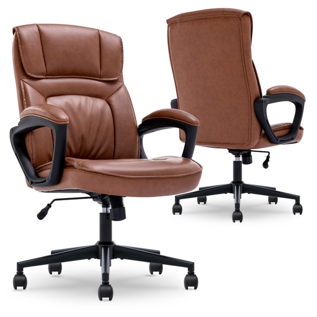 This Serta executive chair features soft pillowed headrest and plush layered body pillows which offer a serene and tranquil seating experience. The contoured lumbar provides exceptional support for the lower back, while generously padded sculpted armrests offer ideal hand, wrist, and forearm comfort. The pneumatic gas lift adjusts the seat height by a simple flick of the lever. Pulling out the same handle will unlock the recline mechanism and allow you to lean back in comfort. The recline resistance can be adjusted with a turn of the tension knob on the bottom of the seat. Smooth rolling dual wheel casters provide easy access to your surrounding work area. From a brand that is synonymous with quality, comfort and style, this Serta executive office chair has layered cushions that keep you comfortable while you work.