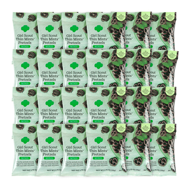 Stock up on sweet treats with Girl Scouts Thin Mint Pretzel Minis. These single-serve bags are filled with scrumptious pretzels that have been coated with mint dark chocolate for a flavor that will have people coming back for more.  Crunchy pretzels are double-dipped in mint dark chocolate for a mix of salty and sweet.  Single-serve bags are great for snacking.  Free of cholesterol.
