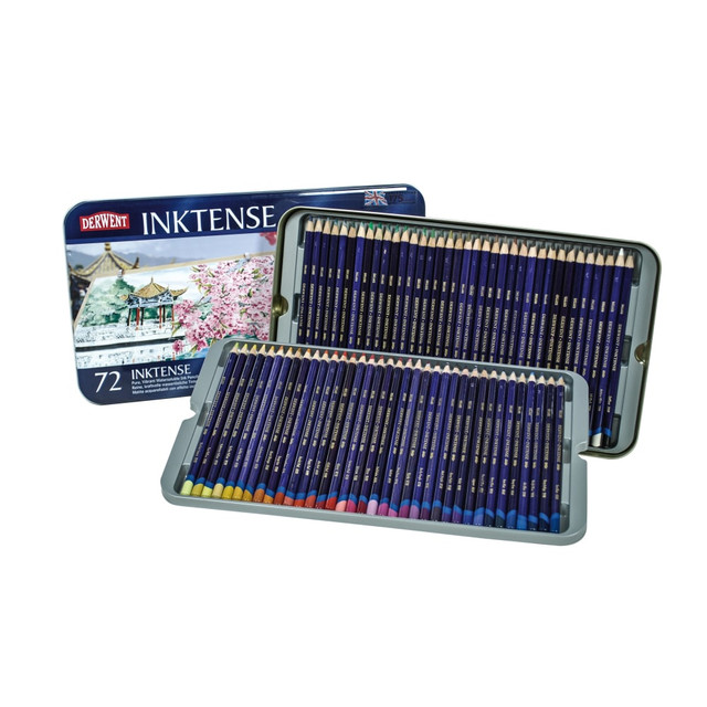 Great for illustrators, designers and art students, Derwent Inktense pencil sets bring the bold pop of colors you are looking for. This Derwent pencils set offers permanent ink, helping your most exciting works last a lifetime.  Ink dries permanently. Once dry, the color can be washed over with other media, wet or dry.  Pure, vibrant pigments help produce lifelike artwork.  Color is water soluble. Wash out the pigment to create a translucent effect.  Create on paper or fabric such as cotton or silk.  This Inktense pencils set of 72 includes a non-soluble Inktense outliner pencil.