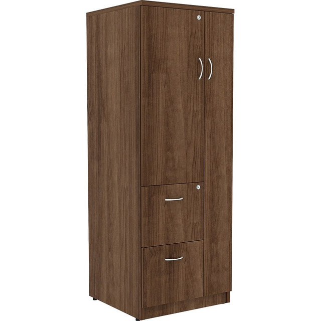 Give your office the storage it needs to remain tidy and organized. This Lorell Essentials Tall Storage Cabinet has multiple compartments to suit your setup and a tall design that takes up little of your valuable floor space. Its easy to find room for your supplies with the adjustable shelves, and the file drawers help keep letter-size documents secure with a key lock. Thanks to the abrasion-resistant finish, this Lorell Essentials cabinet can maintain its rich finish for years to come.  Full-length compartment with a door.  Half-length compartment with a locking door and 2 adjustable shelves.  2 locking drawers hold letter-size files.  Adjustable floor levelers.  Assembly required.  Abrasion-resistant laminate surface is finished in walnut.  Eco-conscious choice - has one or more meaningful eco-attributes or eco-labels.  GREENGUARD certified - certified for low chemical emissions: UL.COM/GG - UL 2818. Ranked in two tiers: Certified and Gold.  This product is heavy and/or oversized and may need more than one person to handle.  Less harsh chemicals - made with fewer harsh chemicals, or safer chemicals than typical alternatives, helping  reduce your use of and exposure to substances that may be more harmful to your health and the environment.