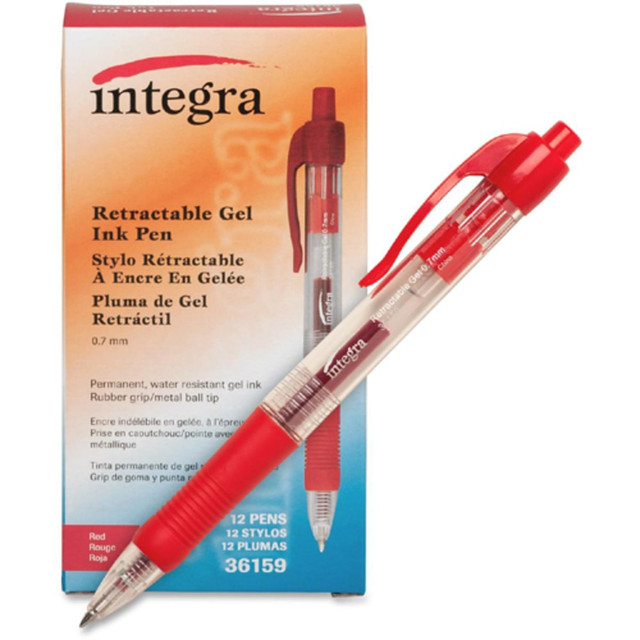 These Integra pens offer a comfortable rubber grip, tough metal ball tip and clear barrel. The permanent, water-resistant gel ink provides a smooth and effortless writing experience.  Water-resistant gel ink provides permanent results.  Rubber grip helps prevent writing fatigue.  Medium-point gel pen features a tough metal ball tip that is retractable.