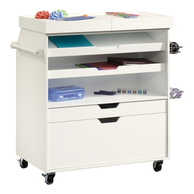 Make it easy to store and find everything you need for all your craft endeavors using this Sauder Craft Pro Series Mobile Craft Cart. Dedicated areas for most-used items help you complete tasks efficiently and maintain a tidy space.  Slide-out top with divided storage underneath is ideal for stickers, glue sticks, stamps and other miscellaneous items.  2 shelves adjust in height. Inclined angle makes it easy to reach craft paper and gift bags.  2 drawers open and close on smooth metal runners.  Metal baskets let you store and dispense rolls of ribbon and tape.  Rear storage area is ideal for rolls of wrapping paper and bolts of fabric.  Casters allow you to transport this cart from room to room.  Assembly required.  This product is heavy and/or oversized and may need more than one person to handle.