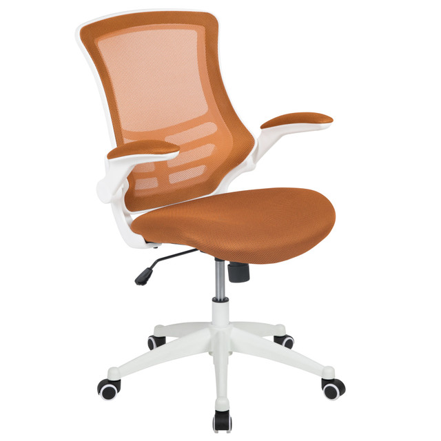 Combine style and functionality with this Flash Furniture mid-back mesh task chair. The heavy-duty nylon base blends stability with durability, while the dual-wheel casters provide easy maneuverability. A padded seat with built-in lumbar support offers comfort for all-day use. This Flash Furniture mid-back office chair features pneumatic seat-height adjustment to help create a personalized, comfortable sitting position.  Mesh material provides durability and is easy to clean.  Built-in lumbar support of the ergonomic office chair helps maintain the natural curve of your spine.  Pneumatic seat-height adjustment ensures customized comfort.  Tilt adjustment and locking features provide flexible recline angles.  Flip-up arms provide easy access to the mid-back office chair.  Overall Dimensions: 41-1/4inH x 24-1/2inW x 25-1/2inD.  Weight capacity tested to support 250 lb.  Tested to meet ANSI/BIFMA Performance Standards - Manufacturer testing has been conducted on this product to meet specific performance requirements and safety standards set forth by the American National Standards Institute (ANSI) and the Business and Institutional Furniture Manufacturers.