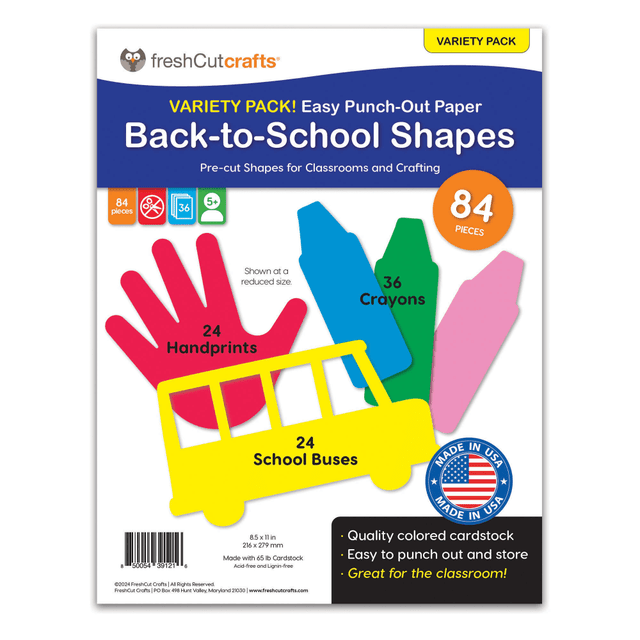 Use the shapes for exciting and visual lessons, crafting, posters, decoration, and more! All shapes are pre-cut so they can be safely punched out by hand - no parental oversight required.  Get 228 easy punch-out 2-sided shapes in assorted bright colors on fade-proof quality cardstock.  Sheets are organized by shape, size, and color, making it easy to find the right shapes as you need them.  Shapes stay in the sheet until gently punched out. Neat and tidy.  Made of sturdy, high-quality cardstock that holds easy punch-out shapes in assorted bright colors.  Our products are NOT printed, NOT construction paper, NOT foam shapes!  This multicolored pack includes 24 handprints in primary and secondary colors, 24 yellow Buses, and 36 multicolor Crayons for endless imaginative options.