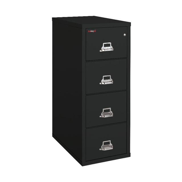 Fireproof vertical cabinet protects your valuable documents  UL Class 350 - rated to withstand fires for up to 1 hour at 350 deg..  Cabinet can be dropped up to 30ft without compromising its integrity.  UL-listed high-security key lock keeps files confidential.  FireKing vertical file cabinet helps you organize your documents.  UL 1-hour, 4-drawers, legal-size (52-3/4inH x 20-7/8inW x 31-5/8inD) vertical file in black features White Glove Delivery Service. White Glove Delivery Service. Furniture is delivered and installed in 1 visit within 21 business days with all packaging removed. Some furniture may be delivered partially assembled, requiring on-site assembly by the delivery service. Some areas may take longer than 21 business days.  This product is heavy and/or oversized and may need more than one person to handle.