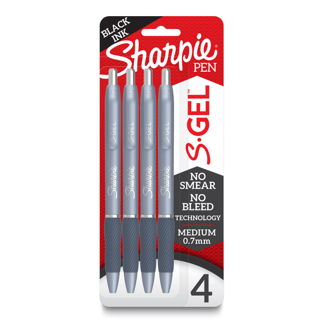 Take notes in style and comfort with a set of Sharpie S-Gel Fashion Barrel Gel Pens. Each pen features a rubberized grip for maximum comfort. Gel ink creates bold, vivid lines that dry quickly to avoid smudges.  Pens offer a smooth writing experience.  Gel ink is smear- and bleed-resistant.  Bold colors create vivid writing.  Quick-drying ink.  Contoured rubber grip ensures comfortable writing.  Sleek design features a pocket clip.  Pack includes 4 black pens.  Refillable - designed to be used repeatedly, helping you avoid single-use disposables and potentially save money.