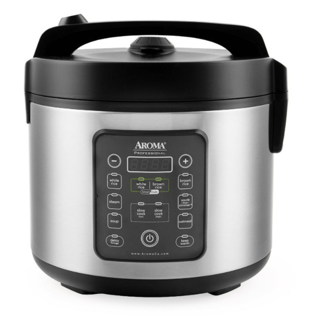 Enjoy healthy meals daily cooked in the Aroma ARC-1120SBL Smart Carb Rice Cooker. The unique stainless steel pot helps to drain carbs from your food as it cooks.  Stainless steel pot that drains up to 25% carbs from the rice.  8 preset 1-touch functions can cook, steam and saute.  Programmable 15-hour delay timer and automatic keep-warm function allows you to prepare rice ahead of time.  Includes the rice cooker, a rice measuring cup, serving spatula, soup ladle, nonstick removable inner pot and carb reducing pot.  Backed by the manufacturers 2-year limited warranty.