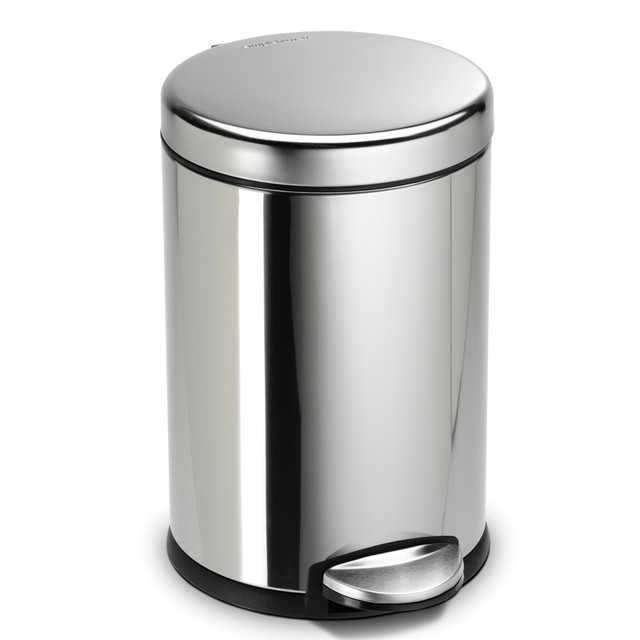 Designed to fit small bathroom spaces, underneath desks and other areas, this simplehuman Stainless-Steel Trash Can helps you tidy up. Use the step to open the lid and toss away trash, and lift out the inner bucket to empty the bin. With its smudge-resistant exterior, its easy to maintain the sleek, shiny finish of this step trash can.  Crafted from fingerprint-resistant stainless steel.  Removable inner bucket.  Smooth-operating step pedal.  Backed by the manufacturers 10-year limited warranty.  Small trash can holds up to 1.2 gallons.