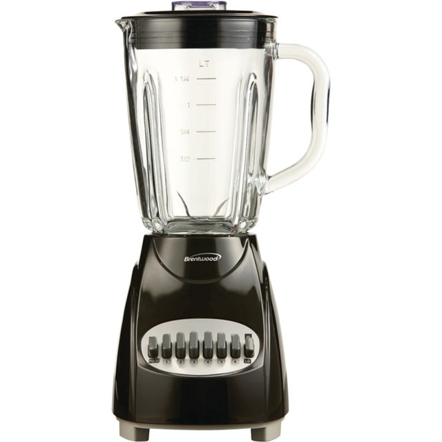 Make your own frozen drinks and smoothies with this Brentwood blender. The included jar lets you prepare fresh beverages for the whole family, and the removable parts are dishwasher-safe for effortless cleanup. Featuring speed settings and a pulse function, this Brentwood blender makes it easy to crush ice and mix up delicious milkshakes, and the stainless steel blades handle tough vegetables and fruits effortlessly.  Steel blades slice and mix fruits, vegetables and other ingredients.  12 speeds handle a variety of smoothies and shakes.  Cord storage offers a neat, clutter-free appearance.  Stainless steel blades and glass jar construction offer lasting durability.  42-oz glass jar for an ample supply of blended beverages.  Black finish adds a classic look to your kitchen.