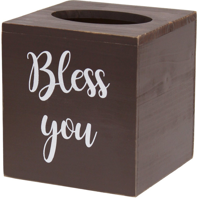 Add a rustic look to any room in your home with the Elegant Designs Decorix Square Wooden Tissue Box Cover With Sliding Base. This decorative tissue box cover is made from durable wood for long-lasting use.  Made from durable wood.  Features a decorative "Bless you" script across the front panel.  A top opening matches the placement of standard tissue boxes.  Simply slide the bottom out to insert the tissue box, then slide it back to lock the cover in place.  Save time - no assembly required.