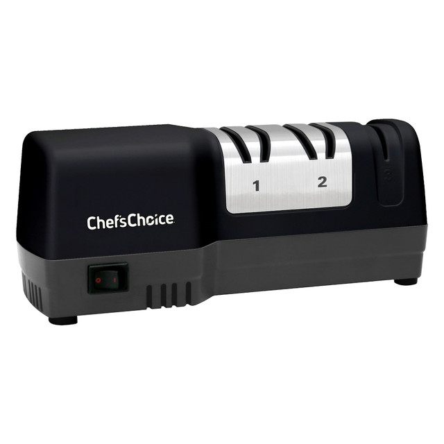 Keep your knives ultra-sharp with this Edgecraft Chefs Choice 3-Stage Hybrid Knife Sharpener. This versatile knife sharpener features diamond abrasives to quickly sharpen your knives.  Incorporates both electric and manual stages to create an ultra-sharp 20 deg. knife edge.  Diamond abrasives sharpen edges quickly and easily.  Trizor-engineered 3 distinct facets set at different angles form a long-lasting, arch-shaped edge.  Precision angle control ensures accurate sharpening throughout the entire blade length.  Sharpens straight edge and serrated knives.