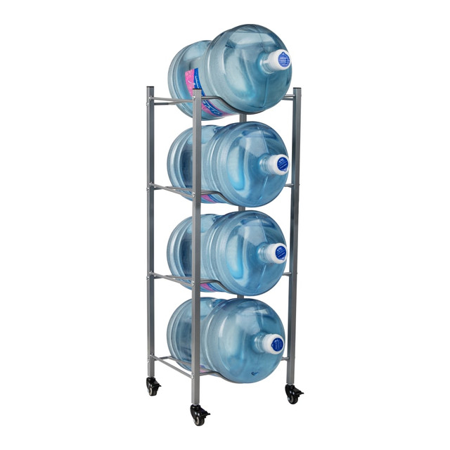 Keep your employees hydrated when you store water in the Mind Reader Alloy Collection 4-Tier Water Jug Stand. This heavy-duty water stand is made of metal for durability and has 4 tiers that each hold a full jug of water horizontally.  Constructed from metal for durable use.  Offers 4 tiers that each hold a full jug of water horizontally.  Metal beams on each tier provide secure storage.  Locking casters allow for maneuverability.  Can be cleaned with warm soapy water.  Includes hardware, tools and assembly instructions.  Assembly required.