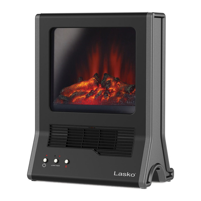Add instant ambiance of a fireplace to any room with Lasko's Ultra Ceramic Fireplace Heater. Choose from 3 settings - high heat, low heat, or flame only, which is great for multi-season use. The space-saving design fits well into any room - just plug directly into a wall outlet and get cozy!