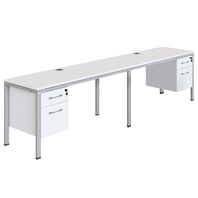 Design a collaborative work space with the addition of a Boss Office Products Simple System Double Desk. This office desk pair is set up side by side, giving both users ample space to work. Integrated storage drawers allow users to keep their desktop organized.  Desktops are made from engineered wood and laminated with thermally-fused melamine for resistance to stains, scratches and water.  Features 2-3 mm PVC edge banding for durability.  Desks are configured side by side for a 2-person work station.  Each desk features a pedestal that is configured directly under the desktop and can be positioned on the left or right side.  Pedestals feature a file drawer that can accommodate legal- or letter-size files and a top accessory drawer.  Accessory drawer features a locking mechanism for security which locks both drawers.  Each work surface has two 3in grommets for cable management.  Grommets are compatible with a Boss Office Products Grommet Outlet (sold separately).  Adjustable leveling glides for stability.  Assembly required.  This product is heavy and/or oversized and may need more than one person to handle.