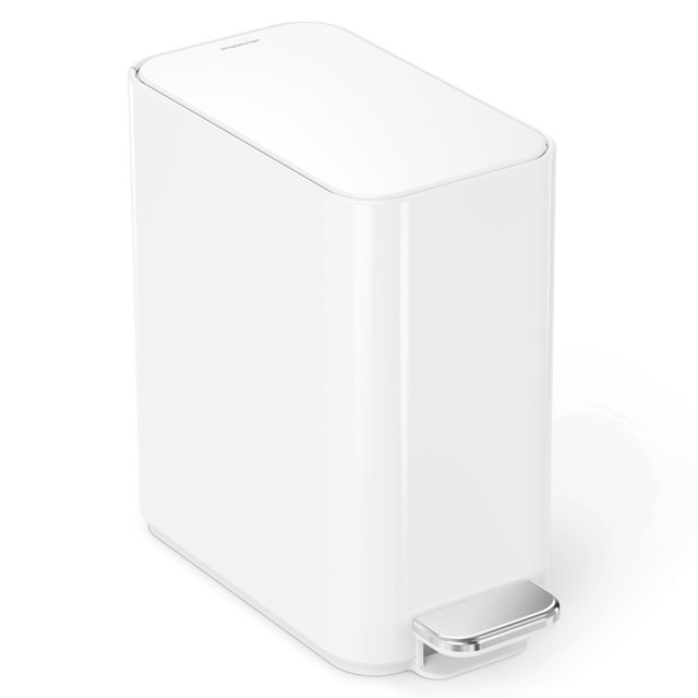 The simplehuman Slim Profile Stainless Steel Step Trash Can makes a great choice for smaller offices or apartments. The brushed stainless steel construction withstands wear and tear and has an invisible silver-ion coating that resists fingerprints and germs. The liner pocket stores and dispenses up to 20 liners 1 at a time for fast changes.  Stainless steel construction withstands wear and tear.  Invisible silver-ion coating resists fingerprints and the spread of germs without dulling the natural sheen of the steel.  Slim profile shape fits in tight spots.  Invisible hinge lets you put it flush against the wall.  Liner pocket stores and dispenses up to 20 liners 1 at a time for a faster liner change.  Removable inner bucket is made from plastic and lifts out for quick liner changes and easy cleaning.  Steel pedal provides easy opening.  Patented lid shox technology offers a smooth close.  Backed by the manufacturer's 10-year limited warranty.  White design.