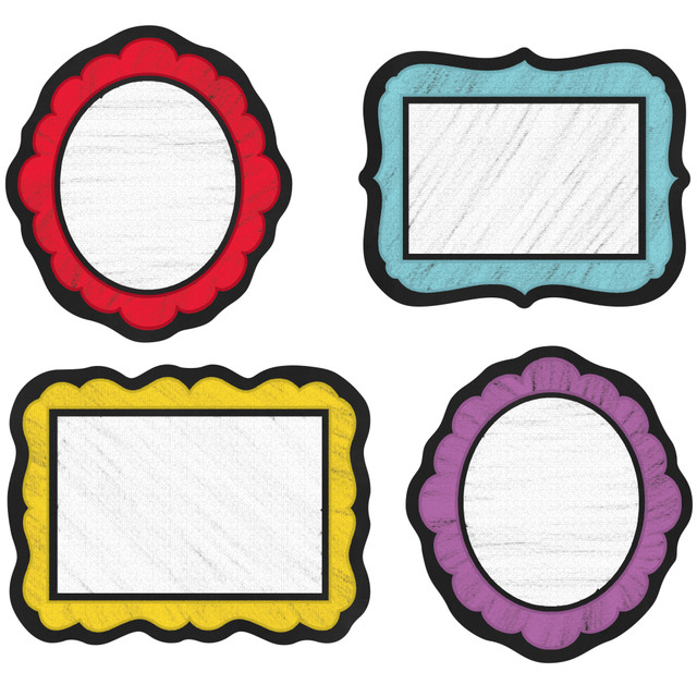 Add a brilliant accent to cubbies, desks and walls with these cut-outs. The chalkboard art offers a cool look to complement your classroom.  Help you decorate your classroom. Can be used for activities, game pieces, name tags and reward cards.  Printed on card stock for use again and again.  Provide a colorful pop with chalkboard-style patterns.  Includes 36 pieces measuring 6in x 6 1/2in each.  For students in pre-kindergarten to 8th grade.