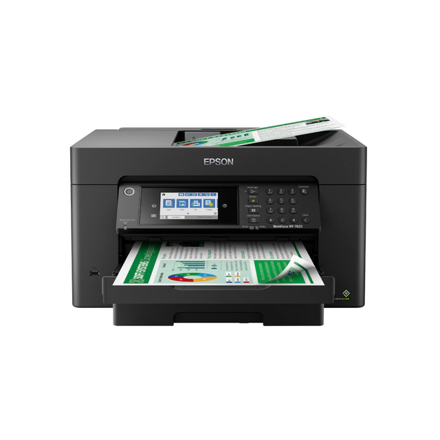 The Epson WorkForce Pro WF-7820 Wireless All-In-One Printer is a versatile machine that meets your offices needs. You can print off standard and wide-format documents swiftly thanks to the PrecisionCore Heat-Free technology, while the DURABrite Ultra ink dries quickly to help prevent smudging. The automatic 2-sided printing and scanning helps you accomplish tasks faster, while the wireless capabilities let you print from almost anywhere using your smart device.  Built-in wireless (802.11a/b/g/n/ac) connection offers cable-free convenience.  Use Epson Connect Solutions to stay productive while on the go. Functions include Epson Email Print, Epson Remote Print, Epson Smart Panel app (iOS and Android), Epson iPrint app (iOS and Android) and Creative Print app (iOS and Android).  Print from almost anywhere using Apple AirPrint, Android printing and Mopria Print Service.  Produces wide-format prints up to 13in x 19in.  Prints up to 25 pages per minute (ppm) (ISO) in black and up to 12 pages per minute (ppm) (ISO) in color.  Up to 4800 x 2400 optimized dpi resolution for crisp images.  Copies up to 23 ipm (ISO) in black, up to 10 ipm (ISO) in color.  Flatbed/2-sided ADF scanner with 48-bit color and 11.7in x 17in scan area. Scan resolution up to 1200 x 2400 dpi to reproduce exact colors and large documents.  High-speed fax with up to 550-page fax memory to meet your office needs.  Fast-drying DURABrite Ultra ink. Resists water, smudging and fading.  PrecisionCore Heat-Free technology delivers swift print speeds.  Compatible with a variety of media. Prints on envelopes, matte paper, presentation paper, glossy paper, photo paper and plain paper.  Automatic 2-sided printing saves paper and money.  250-sheet paper tray can handle complex print jobs.  2,500 sheet monthly volume.  Built-in 4.3in LCD touch screen lets you easily navigate through menus and settings.  USB-compatible with PCs and Macs.  Backed by the manufacturers 1-year limited warranty.  Choosing the right printer helps you to do more in less time.  Eco-conscious choice - has one or more meaningful eco-attributes or eco-labels.  ENERGY STAR certified - meets federal guidelines for energy efficiency.  Energy efficient - designed to use less energy than alternative products, potentially helping you save money and reduce your carbon footprint.