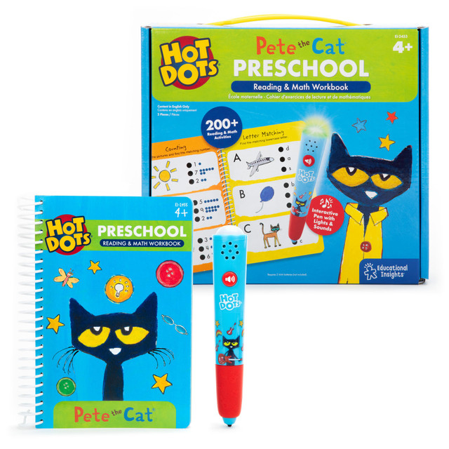 Get a head start on preschool with your groovy pal, Pete the Cat! This comprehensive activity book has 200 reading and math activities to help kids ages 4+ build school skills and confidence! Each page is full of self-paced, interactive activities that engage kids in learning fundamental reading and math skills, including number and letter recognition, spelling, counting, number words 1-10, letter sounds, patterns, sequencing, and more!  Press the interactive Hot Dots pen to an answer dot and get immediate visual and audio feedback!  The pen lights up green for correct answers, red for wrong answers, and play sounds (or mute option).  Self-paced learning builds confidence!  Two-in-one activity book with 200 reading and math activities and interactive Pete the Cat Hot Dots pen (requires 2 AAA batteries, not included).  Boost confidence with core learning toys that build the skills kids need for school success.