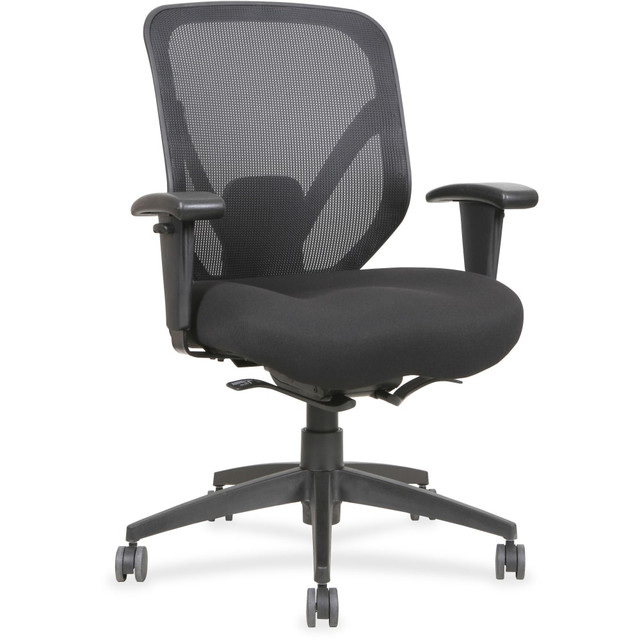 360-degree swivel lets you rotate completely for added convenience  Self-tilt tension adjustment with 5 locking positions  Height-adjustable arms are covered with polyurethane pads for your comfort  Reclines easily with mesh back and seat upholstered with fabric  Body weight control mechanism moves with you for easy adjustments