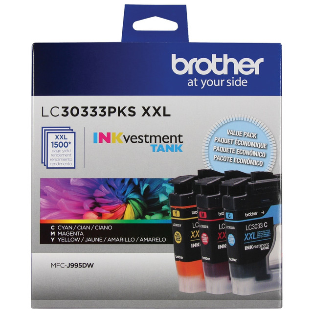 Compatible Brother models: MFC : MFC-J805DW, MFC-J805DW XL, MFC-J815DW XL, MFC-J995DW, MFC-J995DW XL.  .  INKvestment Tank Super High-yield Ink, 3 pack color, Yields approx.1,500 pages/cartridge*  Brother Genuine LC30333PKS 3-Pack Super High-yield Color INKvestment Tank Ink Cartridges; includes 1 each of Cyan, Magenta and Yellow cartridges.  Superior inkjet print quality you can consistently rely on for up to 1,500 pages/cartridge*.  Intelligently engineered to work in seamless unison with your Brother INKvestment Tank inkjet printer.  Brother Genuine ink produces rich, vivid color prints that withstand the test of time.  Save when you purchase Brother Genuine Multi-Packs instead of Individual ink cartridges.  Brother Genuine LC30333PKS is for use with Brother INKvestment Tank, inkjet all-in-one printers MFC-J995DW, MFC-J995DW XL, MFC-J805DW, MFC-J805DW XL, and MFC-J815DW XL that feature Brother tank technology.  Helps Avoid Waste - Designed for extended use, helping reduce or eliminate material use and potentially save money.  Recycling solution - designed to encourage recycling, helping you divert materials from landfill.