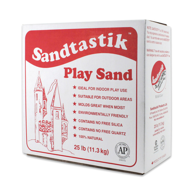 Children are naturally inspired by the simplicity of soft granular sand - a boundless medium. Watch as they will dig, pile, sift, compact and more. Sandtastik Sparkling White Play Sand provides tactile and sensory stimulation necessary for the development of a childs imagination, hand-eye coordination, and fine motor skills such as shoulder stability, forearm rotation, wrist control, and hand strength. Sand play also encourages creativity, visualization and social interaction.  Each box includes 25 lbs. of sand. Sold as 2 boxes for a total of 50 lbs. of sand.  Safe for kids, features a soft texture, and clean white color that compacts and molds when wet.  Naturally occurring sparkle with minimal fine particle content (dust).  Contains NO crystalline silica, NO quartz, NO asbestos (all types), NO wheat or gluten, NO nuts or seeds (all types).  Made from feldspar rock.  ACMI "Approved Product Seal.  ASTM D4236 Compliance.  Exceeds all CPSIA standards.  Proposition 65 Compliance.