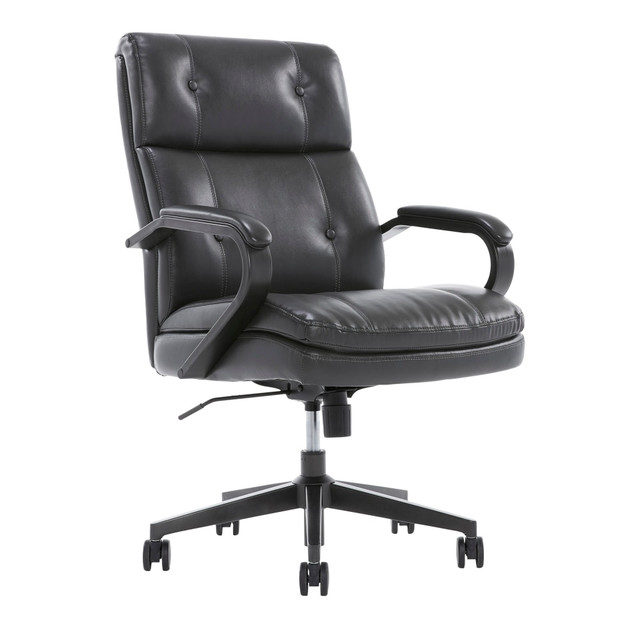 When you are comfortable in your office, staying focused and productive can be easier. The Serta SitTrue Belterra Mid-Back Manager Chair. This stylish mid-back desk chair is built with a SitTrue seat construction system, which combines coils and memory foam support, while the faux leather upholstery provides an upscale look and a soft feel. Find your ideal seating level to match your workstation with the comfy office chairs pneumatic seat-height adjustment.  Recommended for performance use 6-8 hours per day.  SitTrue seat construction with coil and memory foam support.  Waterfall seat cushion helps improve circulation and enhance comfort.  Pneumatic lift seat-height with lockout for stability as you adjust.  Use the tilt tension to knob increase or decrease the amount of pressure it takes to push the back when reclining.  Backed by the manufacturers 5-year limited warranty.  GREENGUARD certified - certified for low chemical emissions: UL.COM/GG - UL 2818. Ranked in two tiers: Certified and Gold.  Tested to meet ANSI/BIFMA Performance Standards - Manufacturer testing has been conducted on this product to meet specific performance requirements and safety standards set forth by the American National Standards Institute (ANSI) and the Business and Institutional Furniture Manufacturers.  Less harsh chemicals - made with fewer harsh chemicals, or safer chemicals than typical alternatives, helping  reduce your use of and exposure to substances that may be more harmful to your health and the environment.  Faux Leather is a synthetic material. See specs for details.