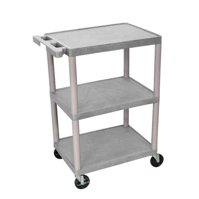 Sturdy mobile shelves to move your equipment quickly!  High-density molded plastic construction wonT stain, scratch, dent or rust for long-lasting durability.  Shelves accommodate different-size materials for maximum use.  Top shelf features a push-handle for easy navigation.  Furniture casters keep the cart rolling smoothly on most surfaces. Plus, the 2 locking casters offer stability when loading and unloading your equipment.  Assembly is required.  Weight capacity tested to support up to 300 lb.