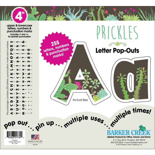 Barker Creek Letter Pop-Outs add a splash of color and creativity to the classroom. They are perfect for decorating bulletin boards, displays and posters.  Includes a well-researched assortment of letters, numbers and punctuation marks. Also includes Spanish punctuation marks.  Recommended for students of all ages.  Decorated with lovely flowers, cacti and succulent designs for a stylish touch.