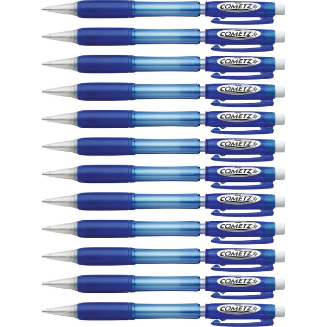 Get a reliable note-taking solution with this pack of Pentel Cometz mechanical pencils. The latex-free grip provides comfort, while the 0.9mm lead tip produces clear, consistent lines. The sturdy Super Hi-Polymer HB lead type doesnT need sharpening and resists breakage for long-lasting use, which is ideal for tests and official documents. These blue Pentel Cometz mechanical pencils have large PDE-1 refill erasers, letting you quickly correct mistakes.  Latex-free grip cushions your fingertips for writing comfort.  Pentel Super Hi-Polymer HB lead resists breakage.  A refill eraser clears errors.  0.9mm lead tip.  Pack of 12 Pentel mechanical pencils.  Refillable - designed to be used repeatedly, helping you avoid single-use disposables and potentially save money.