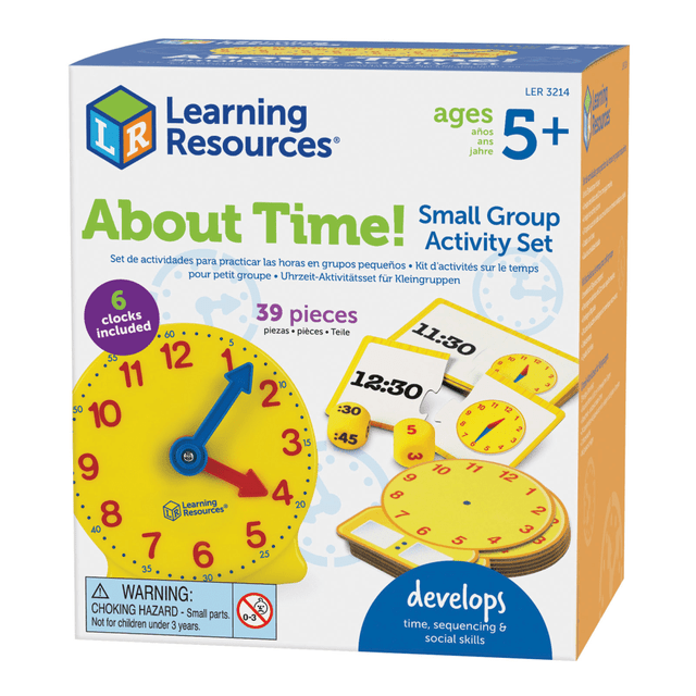 The About Time! Small Group Activity Set from Learning Resources is perfect for helping students master analog time-telling skills. This set includes 12 clocks-6 plastic mini clocks with movable hands and 6 write-and-wipe teaching clocks-along with 24 double-sided time cards, 3 time dice, and an activity guide. It turns learning how to tell time into an engaging, interactive classroom activity.  Teach time skills to the whole class with this small group classroom clock set  Set the time on plastic mini clocks, or draw your own hands on write-and-wipe teaching clocks  Turn time lessons into an interactive game with included time cards and dice  Explore the expanded activity guide for time skills activities for your teaching clocks
