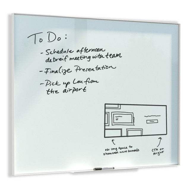 This aluminum frame white glass dry erase board is a perfect and functional solution for the frequent and heavy usage areas of your office, school, home or any commercial space. Clean, contemporary and frameless product design lines will add a touch of subtle style to your wall.  Premium tempered magnetic glass dry erase surface never stains or ghosts. White frosted glass background creates high contrast with any color dry erase or glass markers.  Glass is the highest quality dry erase surface available. Perfect for heavy writing use in any office, home or commercial environment.  Modern white aluminum frame design adds durability and hides all mounting hardware.  Works well with all dry erase markers and liquid glass markers. Try U Brands dry erase markers for ultimate board performance.  Mounts vertically or horizontally, includes hassle-free mounting hardware and instructions.  Lifetime Warranty.
